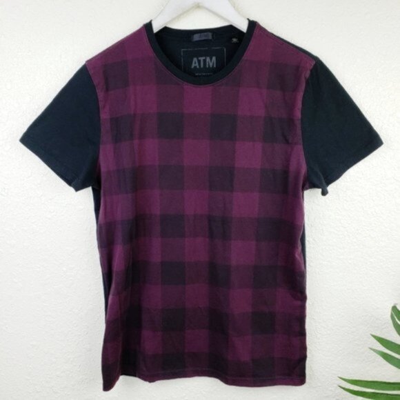 ATM Anthony Thomas Melillo Merlot & Black Plaid Crewneck T-Shirt size S Burgundy - Picture 4 of 13